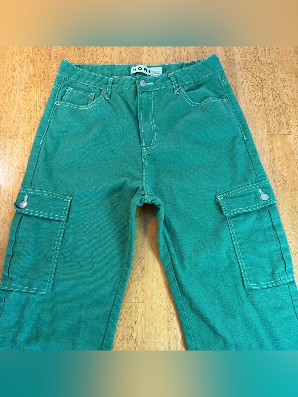 S.O.N.G. 90s Boyfriend Cargo Jeans Women's Size 13/31 Green High Rise Pockets - Picture 2 of 9